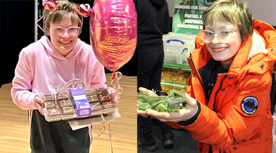 Two images of Tora who has been supported by Shared Lives. One holding birthday cake and the other image of Tora she is holding a bearded dragon reptile in her hands