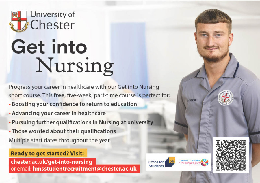 An advert offering a free 'Get into Nursing' training course. The ad shows a male nurse smiling and includes details of how to apply.