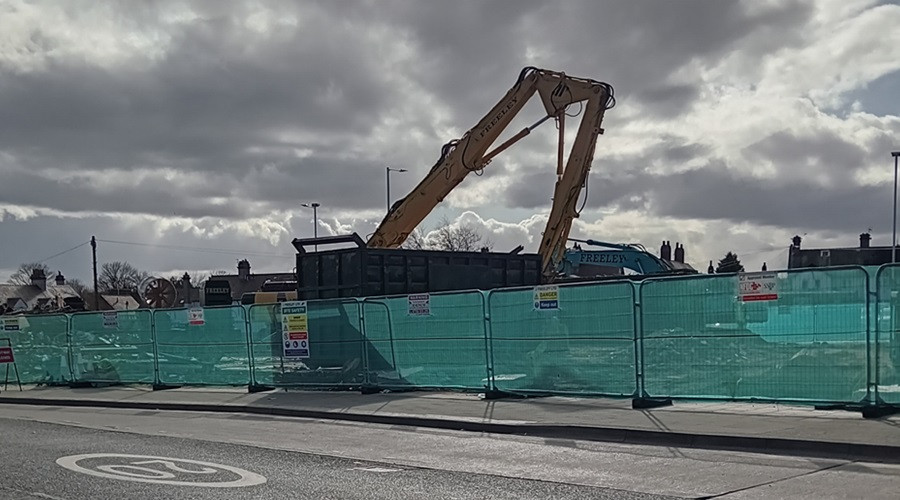 A photo from March 2025 shows demolition works underway in New Ferry