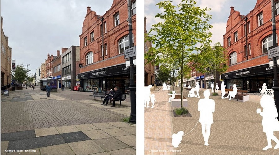 Images showing how Grange Road looked before works started and a CGI showing how it will look