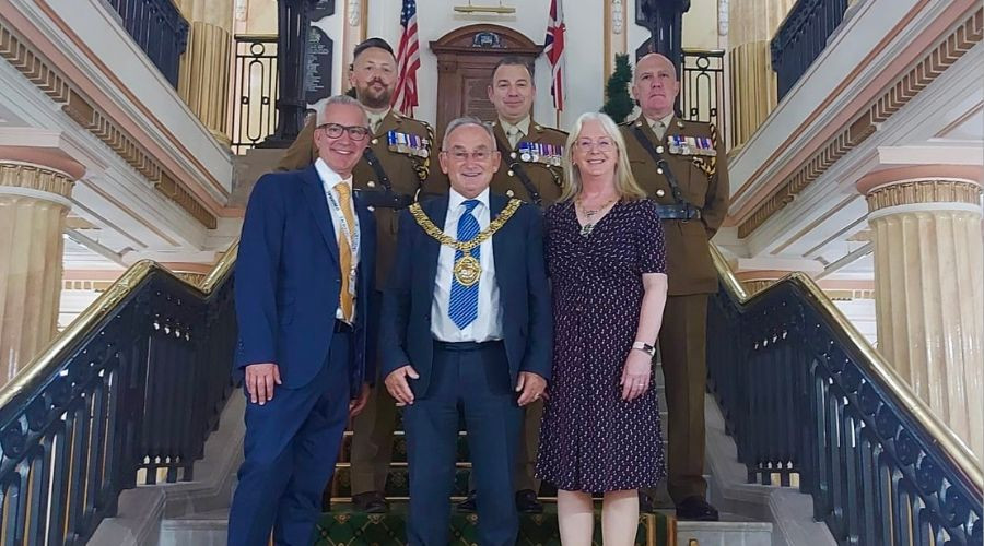 Photo of the acting chief executive of Wirral Council, Jason Gooding, with the mayor and mayoress and representatives from 234 Squadron RLC Army Reserves