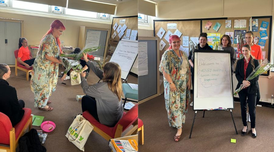 2 images side by side showing parents receiving gifts for finishing the HENRY programme