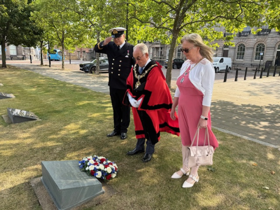 Photo of the Mayor and Mayoress of Wirral laid a wreath at the Burma Star Association memorial stone in Hamilton Square, Birkenhead