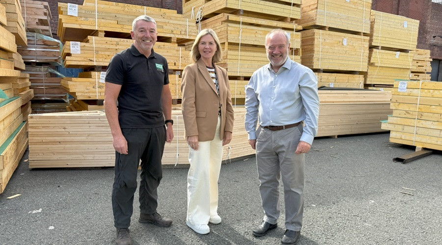 Centre Wirral Council Leader Cllr Paula Basnett visits SticX, a specialist structural timber company based in Wirral.