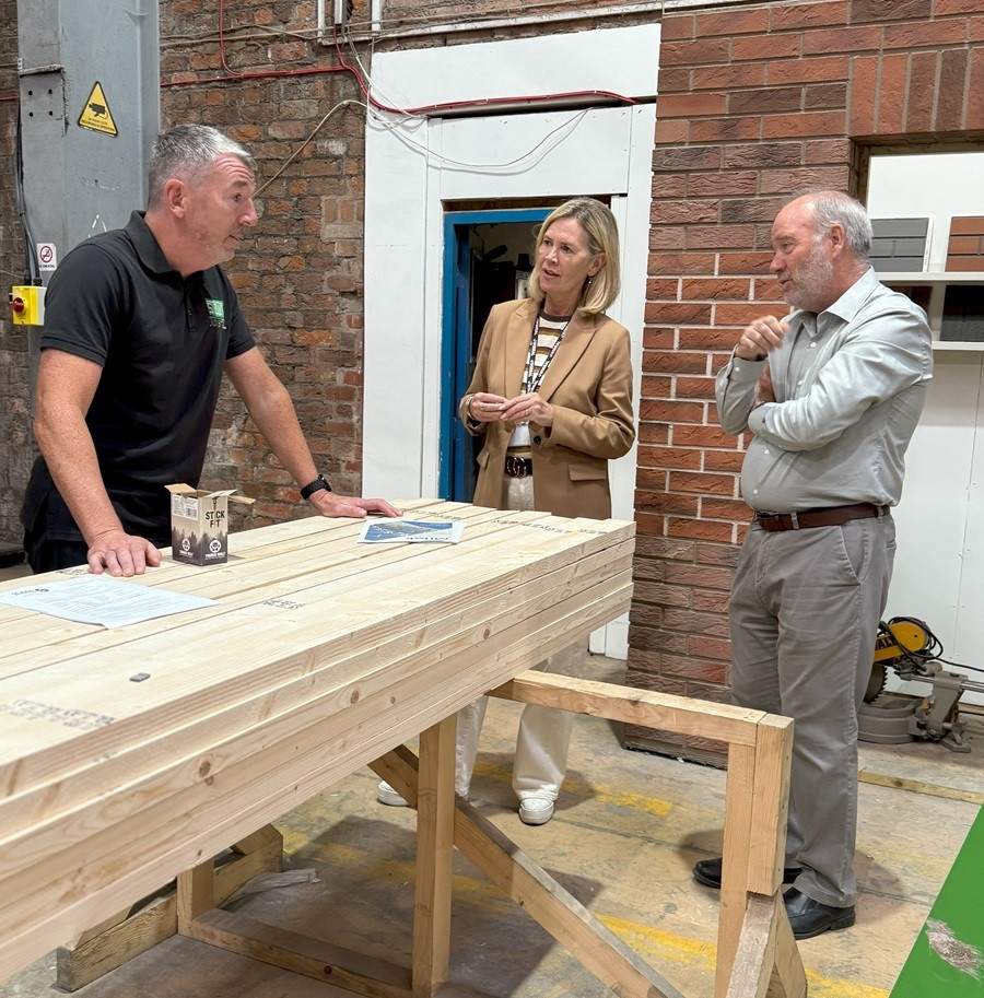 Centre Wirral Council Leader Cllr Paula Basnett visits SticX, a specialist structural timber company based in Wirral.