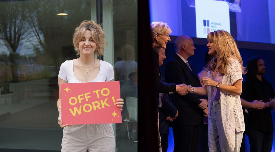 2 photos of a blonde lady, one holding up a sign saying 'off to work' and the other receiving an award