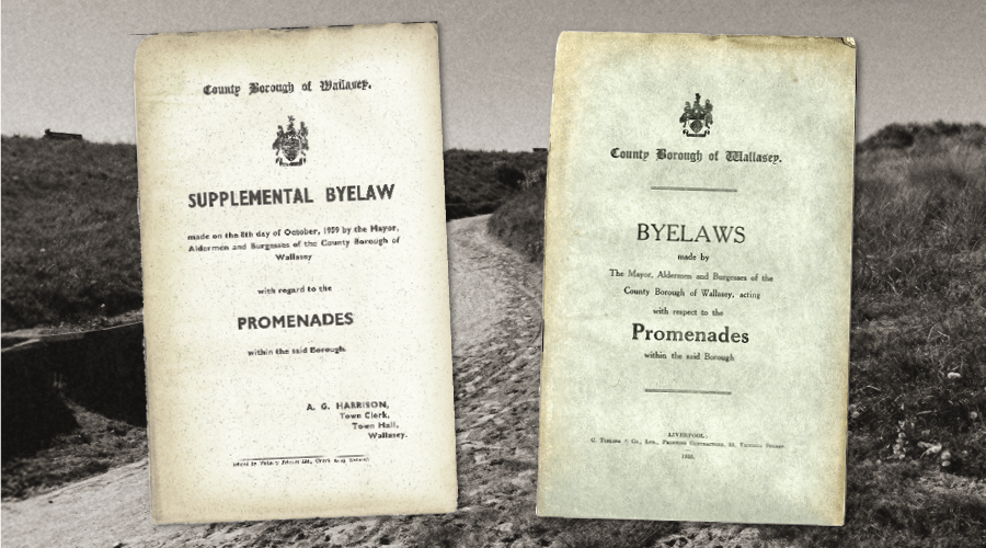 A photograph of part of the route showing a path with greenery either side and sand in the foreground and some archived photos of the old byelaw documents