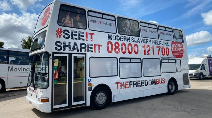 A photo of the Freedom Bus, designed to promote awareness of modern slavery
