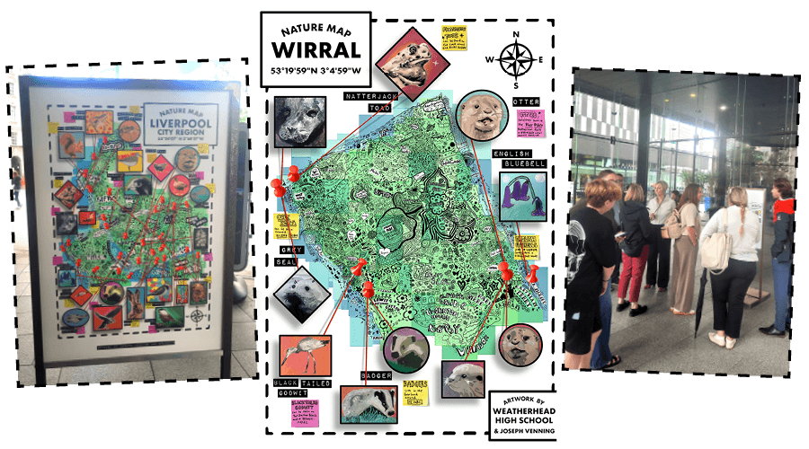 Image of a two nature maps and people viewing them outside the open eye gallery in Liverpool