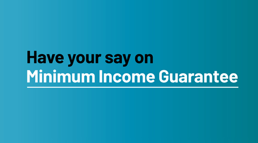 text on blue background reads 'have your say on minimum income guarantee'