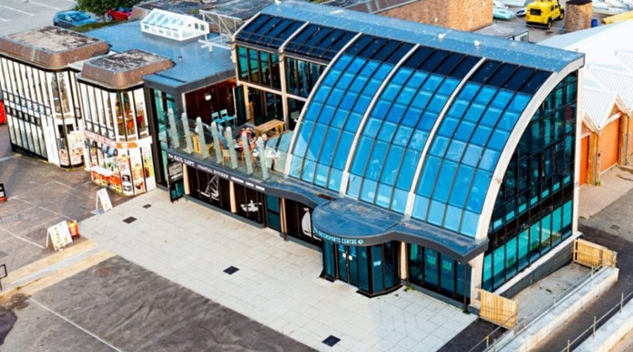 An aerial shot of Wirral Watersports Centre building in West Kirby