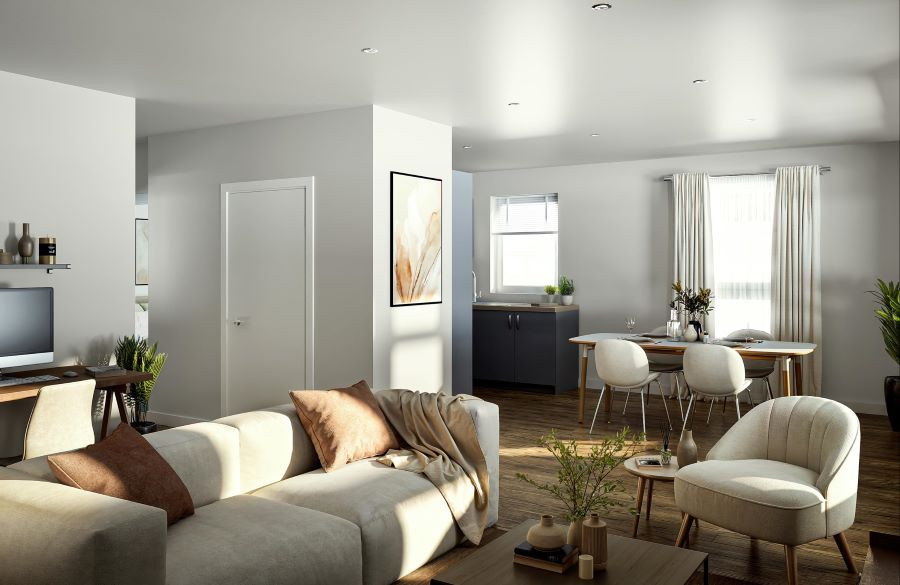 An interior image showing an open plan living, dining and work area in a new home at Sorrel Place