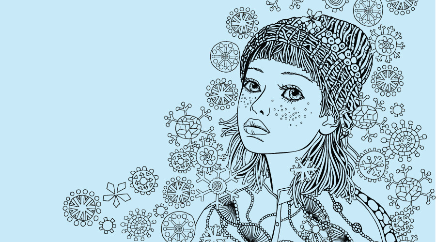Illustrated girl with sad expression in a patterned winter hat and coat, surrounded by intricate snowflake-like designs on a light blue background