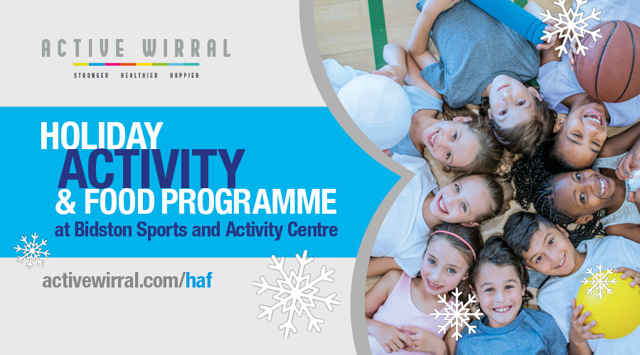 winter haf graphic with snowflakes and picture of smiling children holding sports balls