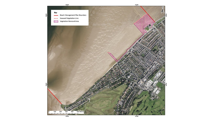 Aerial photograph showing the area on Hoylake beach to be cleared of vegetation