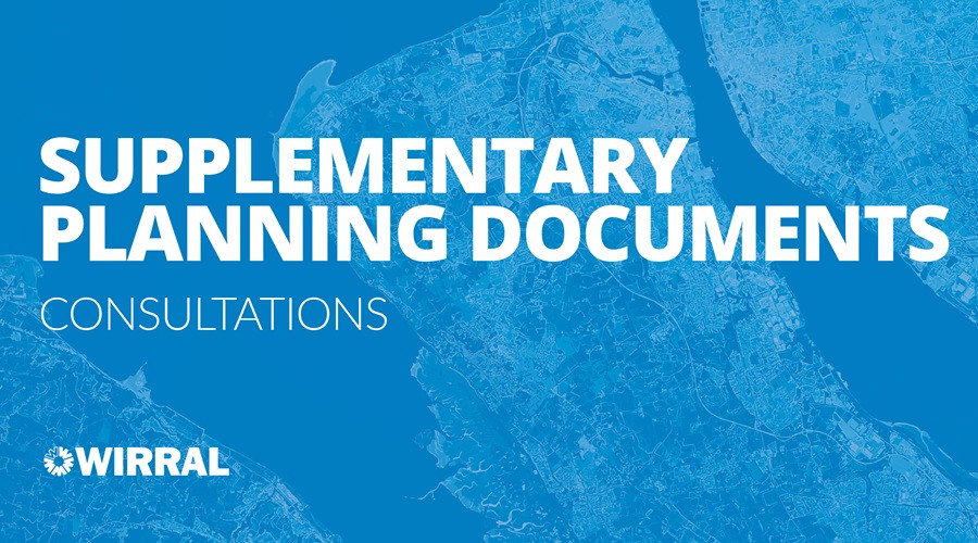 blue image of wirral from above with the words: Supplementary planning documents consultations, plus the wirral council logo