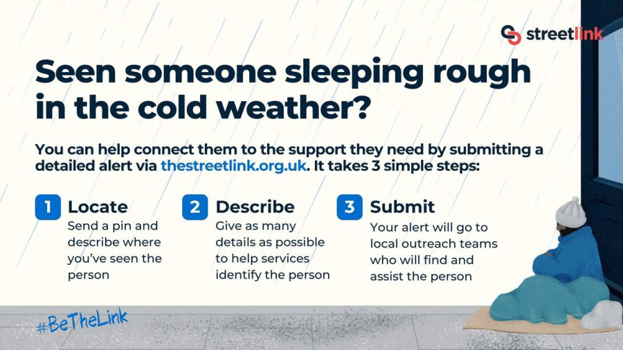 Graphic with rain and a person sitting under a blanket. Text explains how to help rough sleepers via StreetLink: 1) Locate – send a pin and location, 2) Describe – give details, 3) Submit – alert goes to outreach teams. Website: thestreetlink.org.uk.