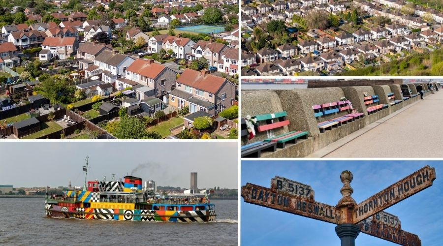 Collage of photos from Wirral including: overhead shots of residential areas, colourful benches on the seaside, the Mersey Ferry and a rusty sign