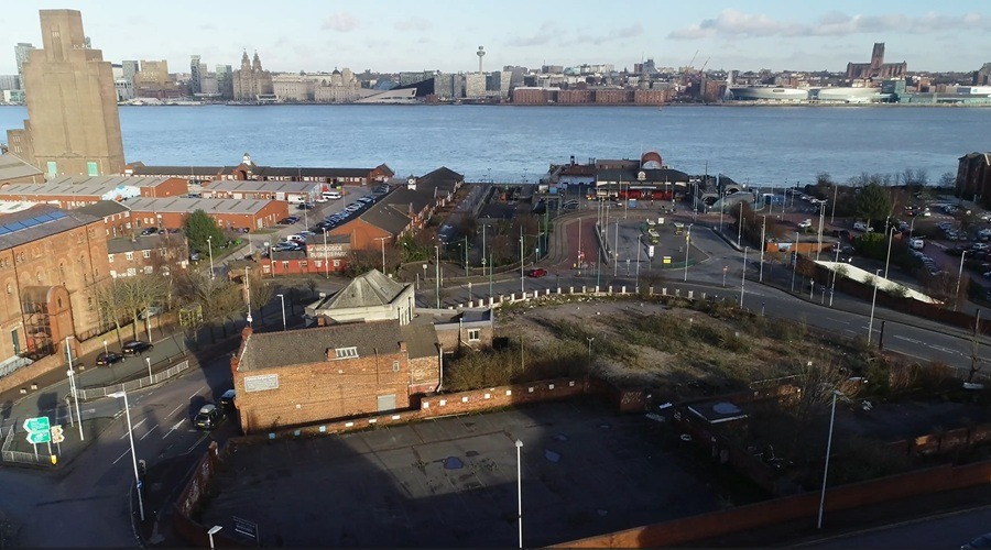 An ariel view of Woodside showing the roads leading up to the ferry terminal and the view across the river to Liverpool