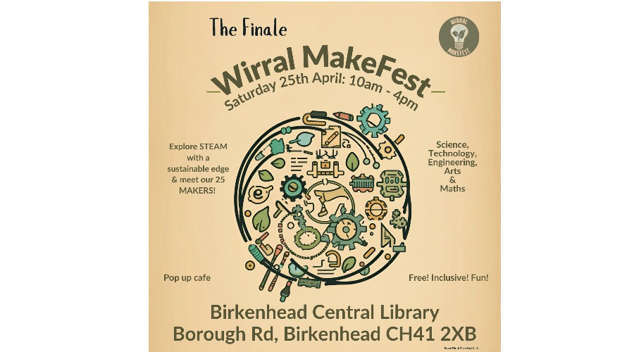 A graphic promoting the Wirral Makefest event at Birkenhead library