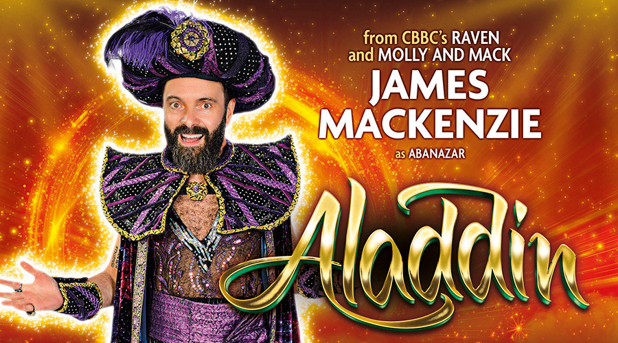 graphic with image of James Mackenzie in an Abanazar costume