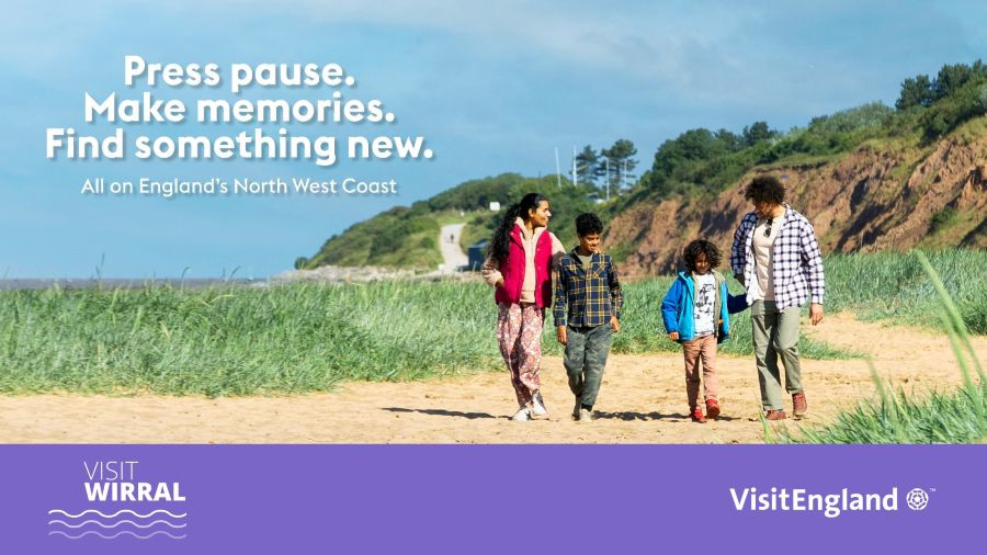 A family is pictured walking together on the beach, with the tag line: press pause, make memories, try something new, all on england's north west coast