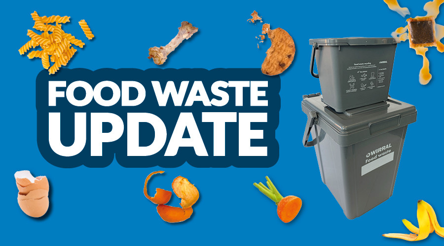 Food waste update graphic, with a food waste caddy on a wheelie bin