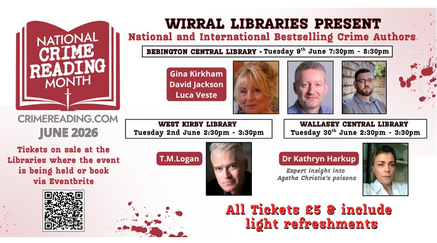 A poster advertising the Wirral Libraries Crime Writers month