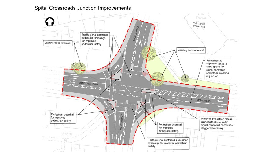 A technical graphic showing the details of the proposed changes to Spital crossroads