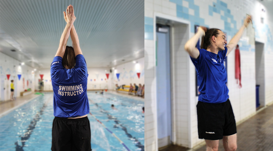 Swimming instructor stretching arms up to show how to dive