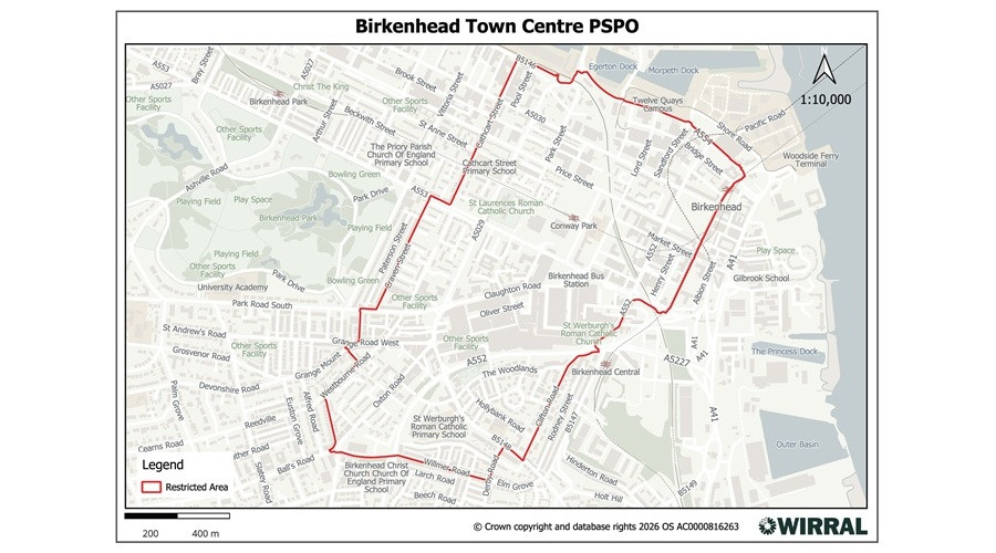 A graphic showing the area covered by the Birkenhead PSPO