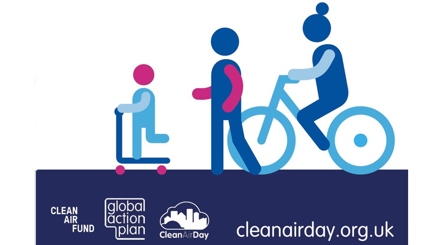 A graphic depicting scooting, walking and cycling for Clean Air Day