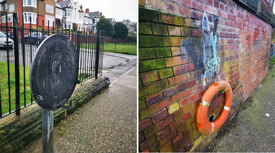 Two photos show missing and damaged lifesaving equipment on Wirral's coast