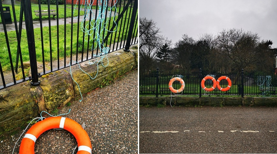 Two photos show safety equipment that has been tampered with and left in a way that will make them difficult to use in an emergency