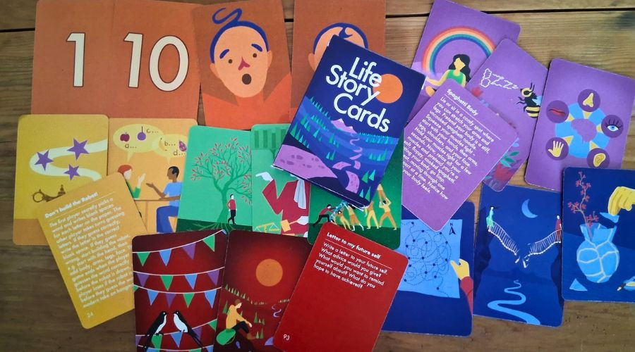 Colourful cards displayed on a table 