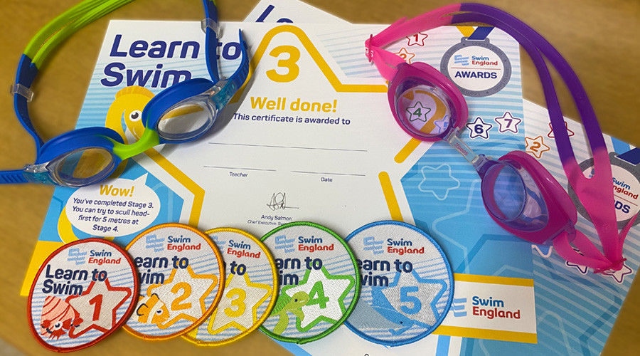 Swim England Badges 1-5 with certificate and swim goggles