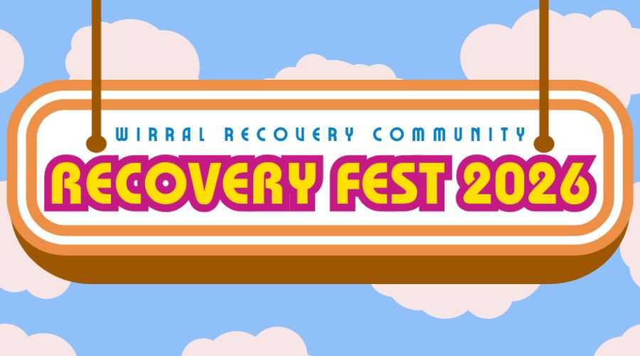 Recovery Fest 2026 sign on a background of illustrated clouds