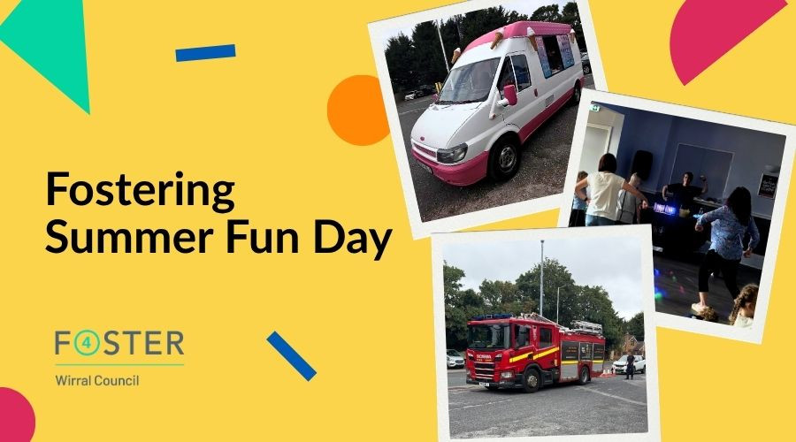 Bright collage of photos including ice cream van, fire truck and people dancing