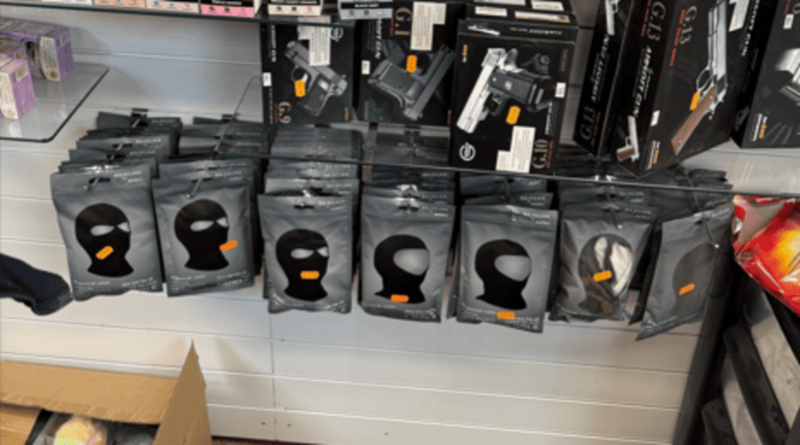 BB guns and balaclavas on sale at Birkenhead Bargains
