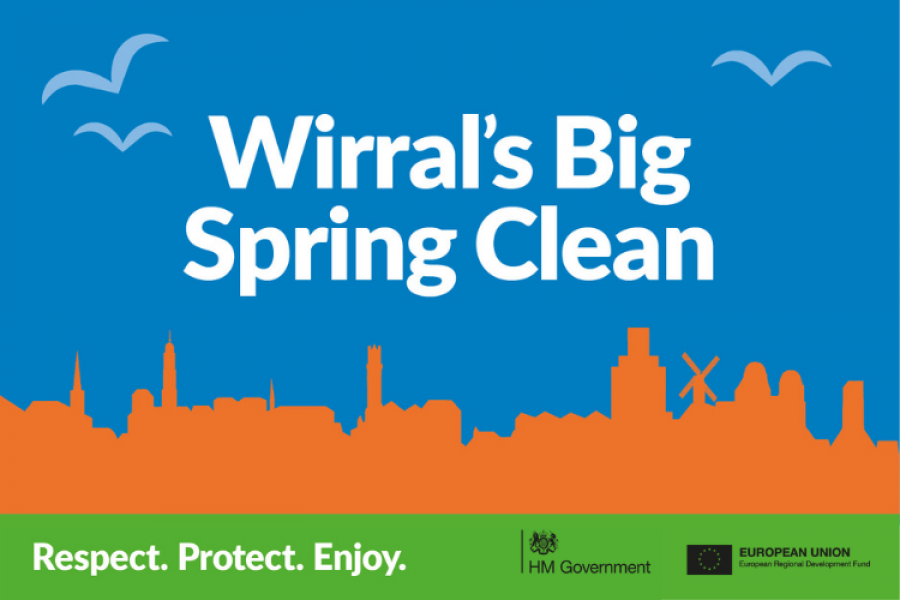 Skyline with the words 'Wirral's Big Spring Clean' 