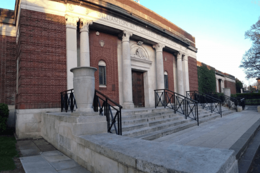 The front of Williamson Art Gallery - a view of the steps leading up the entrance. The picture has been taken from the left and side.