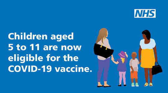 Graphic with animated family and caption "Children aged 5 to 11 are now eligible for the COVID-19 vaccine"