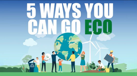 Animated characters around an globe with caption "Five ways you can go eco"