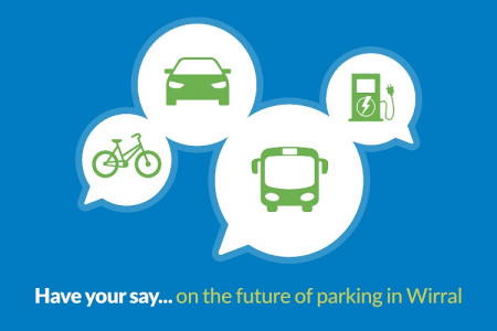 Graphic showing speech bubbles on a blue background, with graphics of a bike, bus, car and electric car charging point. Below, the caption: Have your say...on the future of parking in Wirral