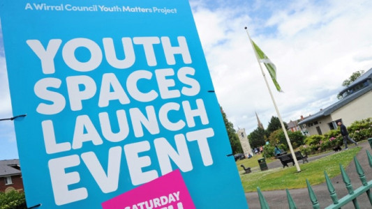 Youth Spaces launch event sign in Birkenhead Park