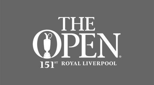 Logo of The 151st Open golf championship at Royal Liverpool, white on a grey background