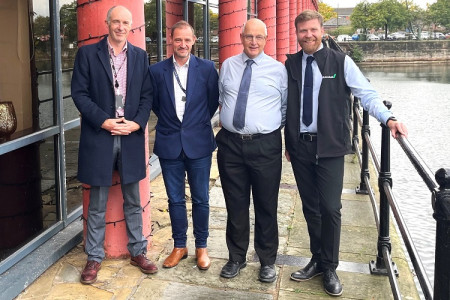 picture shows from left Richard Mawdsley, Director of Development for Peel L&P’s Wirral Waters; Phil Kane, Senior Strategic Partnerships Manager at Wirral Chamber of Commerce; Graeme Moffat, Contracts Director at GRAHAM; Matt Anderson, Senior QS at GRAHAM. 
