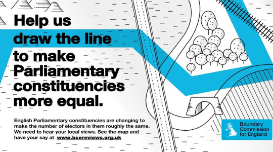 Image of cartoon map with blue horizontal line and bold text Help us draw the line to make Parliamentary constituencies more equal. Above is the BCE logo and website www.bcereviews.org.uk