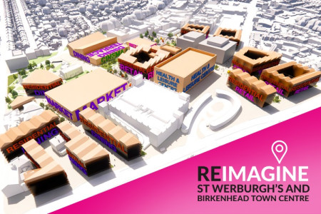 graphic showing some key sites in Birkenhead town centre and the words Re-imagine St Werburgh's and Birkenhead town centre