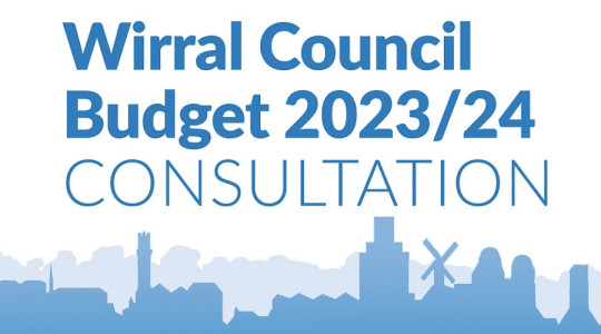 graphic showing Wirral skyline in silhouette with the words "Wirral Council Budget 2023-24 Consultation"